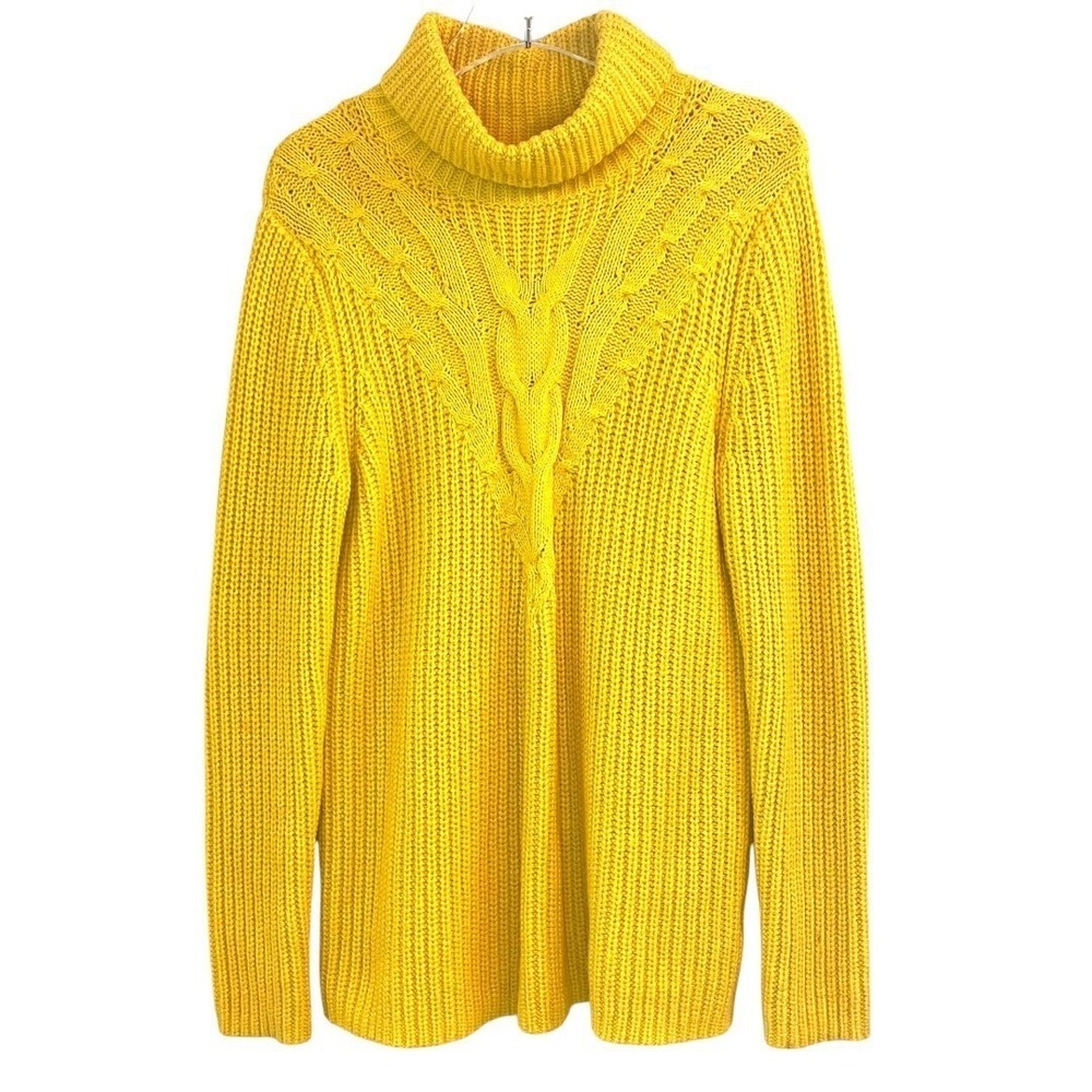 Lands' End Turtleneck Sweater Womens M Yellow Excellent Cable Knit Chunky Cotton - Picture 3 of 10